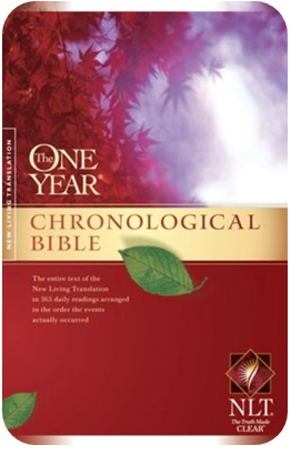 The cover of the "One Year Chronological Bible (NLT) published by Tyndale House Publishers, Inc. Carol Stream, Illinois, USA.